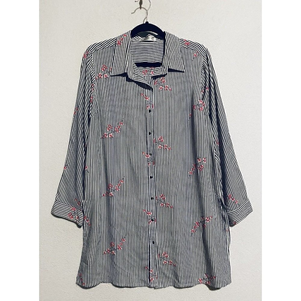 Solitaire Top Womens Large Black White Striped Floral Tunic Roll Tab Sleeve